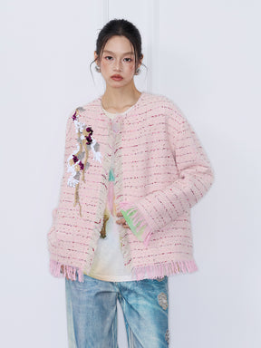 MUKZIN“Capsule Collection”Pink Textured Fabric 3D Floral Embroidery Fringe Short Coat