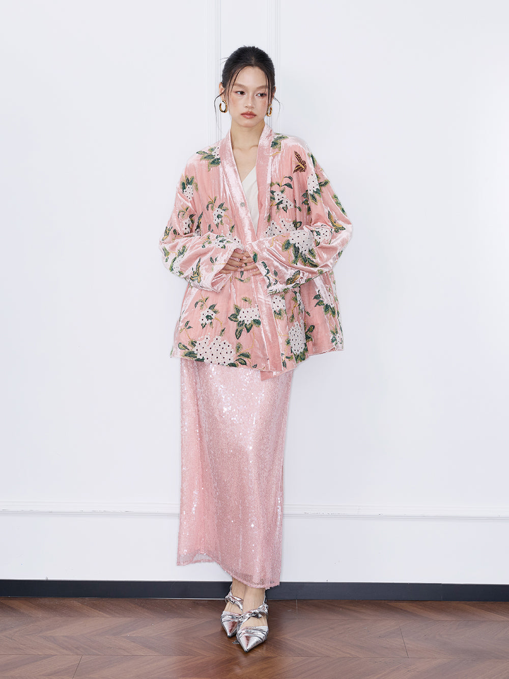 MUKZIN“Capsule Collection”Light Pink Sequin High Waist Slimming Maxi Skirt