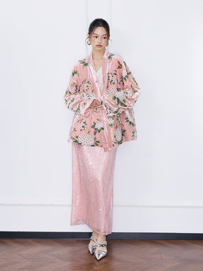 MUKZIN“Capsule Collection”Light Pink Sequin High Waist Slimming Maxi Skirt