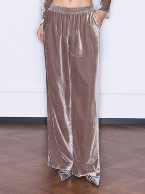 MUKZIN“Capsule Collection”Coffee Velvet Wide-Leg Pants | Oriental High-Waist Relaxed Trousers