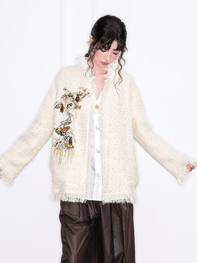 MUKZIN“Realm of Ethereal Mist”Off - White Tweed Cardigan with Sequin Embroidery and Fringes