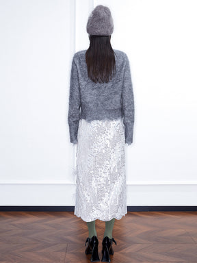 MUKZIN Linglong Long —Snake Embroidery Mohair Blend Sweater (White/Grey)