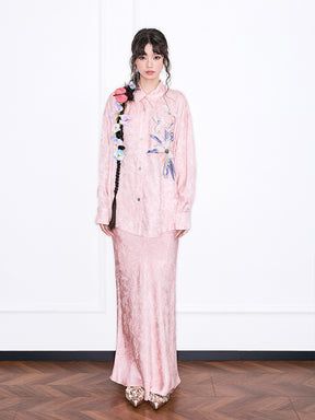 MUKZIN“Realm of Ethereal Mist”National Style Pink Jacquard Satin High-slit Slim Long Midi Skirt