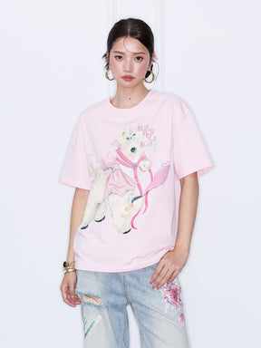 MUKZIN“Capsule Collection”Pink/White Cute Lamb Print Short Sleeve T-Shirt | Kawaii Cartoon Graphic Oversized Tee