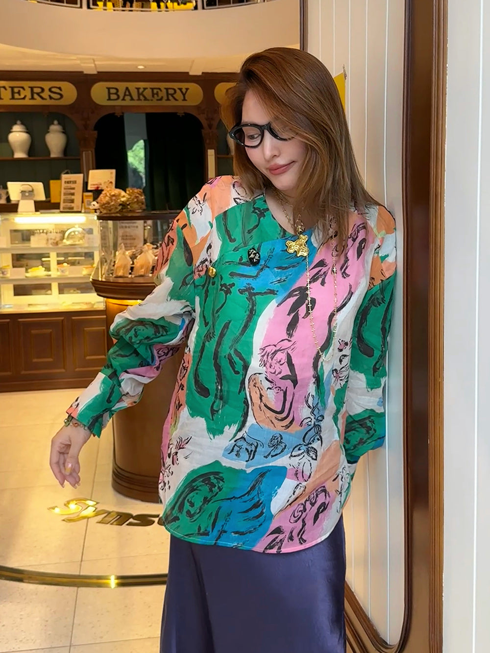 MUKZIN“Capsule Collection”Ink Wash Blue-Green Chiffon Wide-Leg Pants