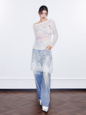 MUKZIN  SpringPrelude "Joy of Sparrows" Asymmetric - shoulder Slim - fit Chinese - style Printed Undershirt