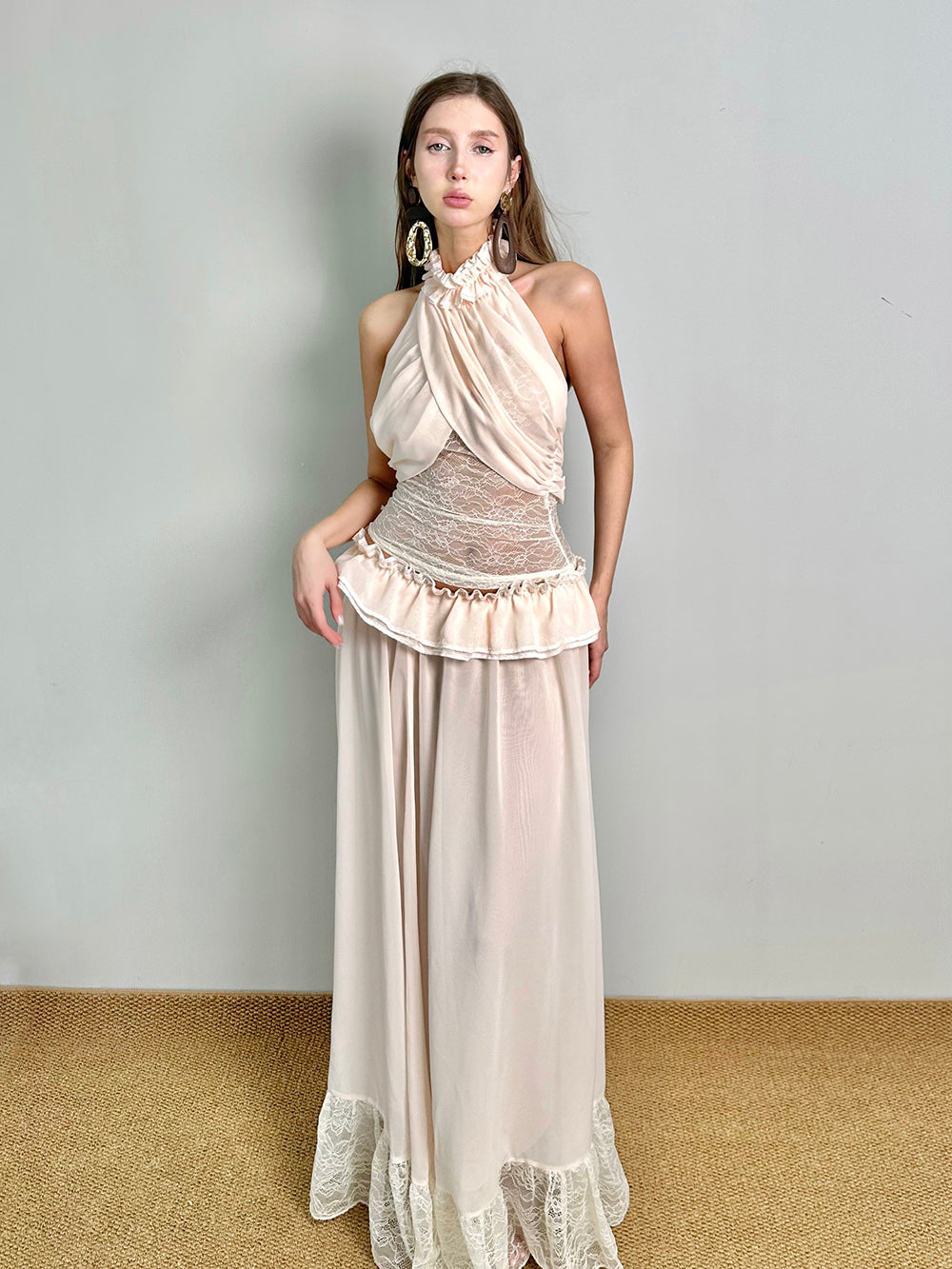 MUKTANK×Jqwention Vintage French Halter Ruffle Slim Two Piece Top