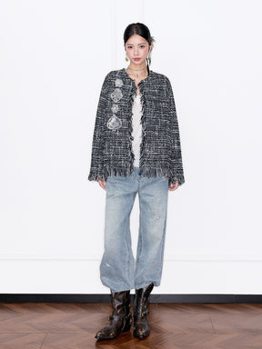 MUKZIN“Capsule Collection”Black & White Tweed Fringe Cardigan with Retro Diamond Embellishments (Chanel-Style Jacket)