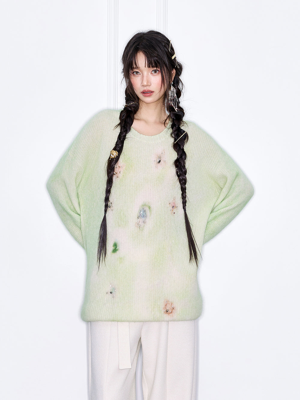 MUKZIN“The Sequence of Deer's Call”Pink/Green Halo Tie-Dye Distressed Decor Oversized Fuzzy Knit Sweater