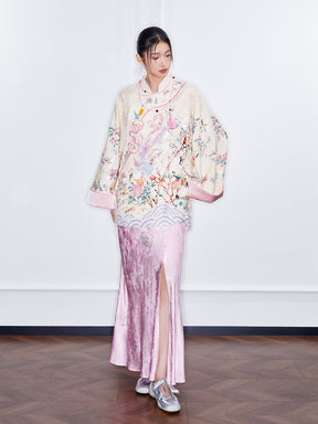 MUKZIN  Spring Prelude"Startling Swan Goose" Satin Printed Neo Chinese Style Cloak