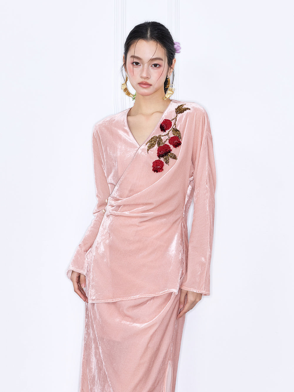 MUKZIN“Capsule Collection”Velvet Wrap Top with Red Floral Embroidery