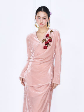 MUKZIN“Capsule Collection”Velvet Wrap Top with Red Floral Embroidery