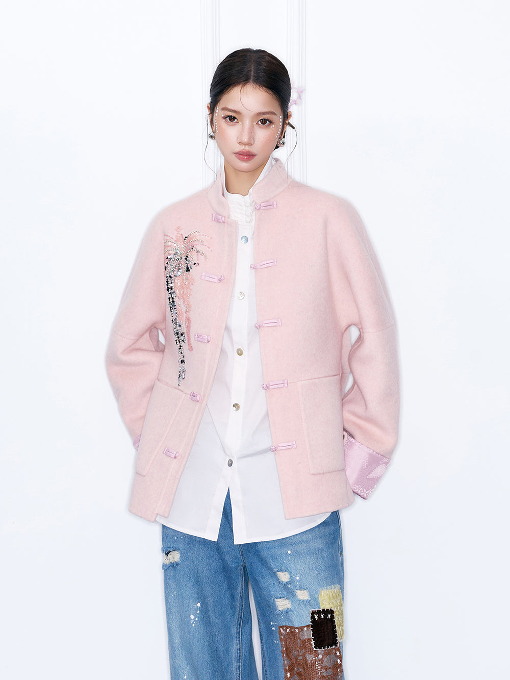 MUKZIN“Capsule Collection”Chinese Style Tang Suit Jacket, Embroidered Frog Button Wool Blend Coat for Women