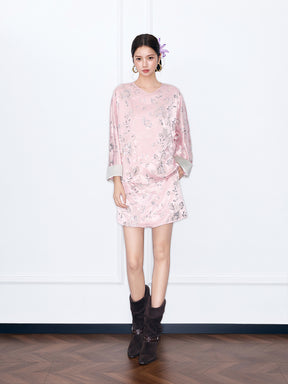 MUKZIN“Night Ballad of Chang'an”New Chinese Style Pink Jacquard Satin Blouse, Loose & Slim-Fit Traditional Chinese Long Sleeve Shirt