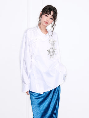 MUKZIN“Realm of Ethereal Mist”White Chinese - style Oblique - front Shirt with Sequin Floral Decoration