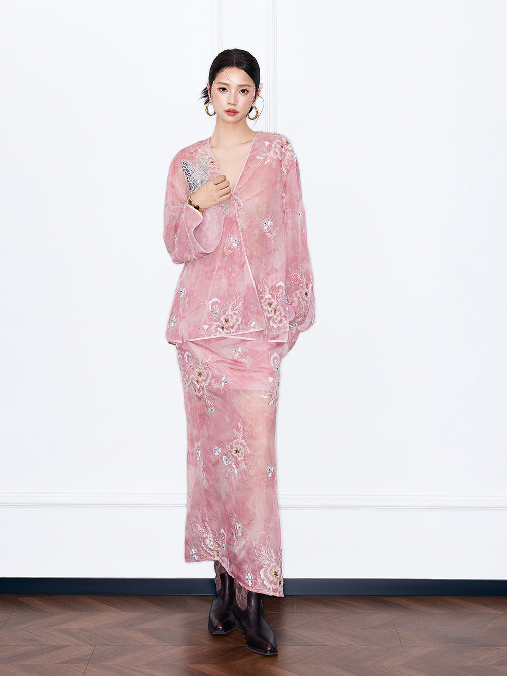 MUKZIN¡°Night Ballad of Chang'an¡±Pink Sheer Embroidered V-Neck Blouse