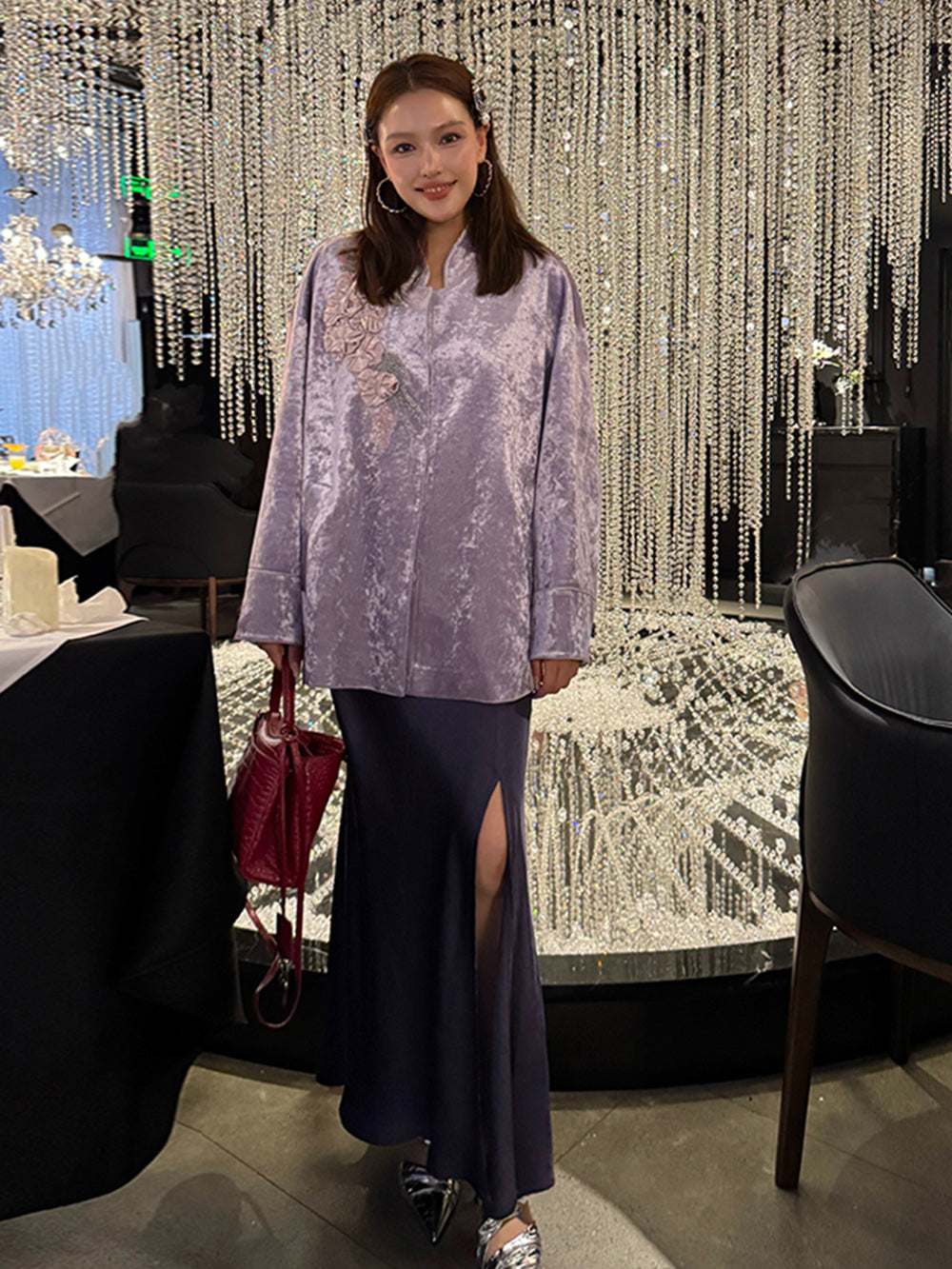 MUKZIN¡°Capsule Collection¡±Lavender Purple Velvet Oversized Shirt | 3D Floral Embroidery Beaded Mandarin Collar Blouse