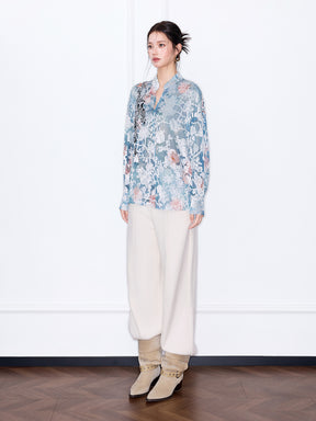 MUKZIN“Capsule Collection”Light Blue Floral Lace Blouse with Sequins - Loose Lantern Sleeves