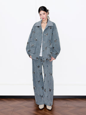 MUKZIN“Capsule Collection”Gray Rhinestone Embellished Oversized Heavy-Duty Wide-Leg Pants