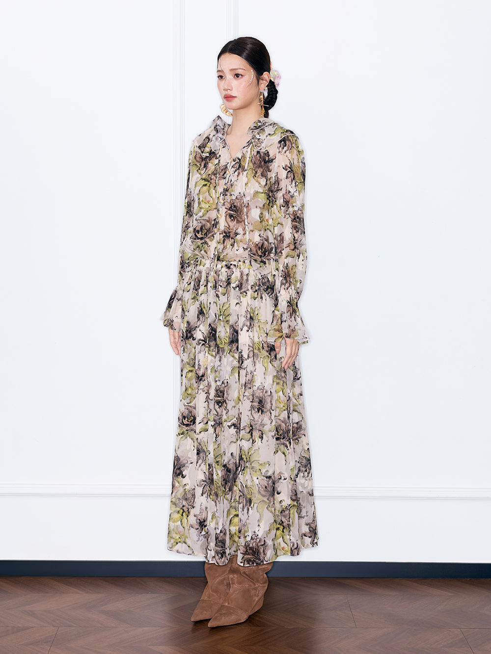 MUKZIN¡°Capsule Collection¡±Vintage Floral Print Chiffon Maxi Dress, Long Sleeve Ruffle Hem Boho Long Dress for Women