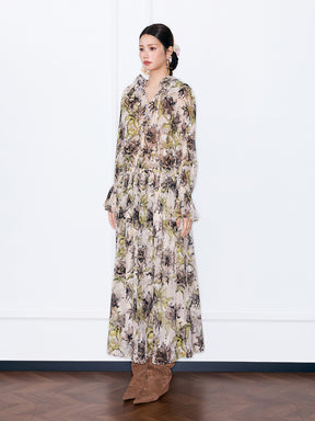MUKZIN¡°Capsule Collection¡±Vintage Floral Print Chiffon Maxi Dress, Long Sleeve Ruffle Hem Boho Long Dress for Women