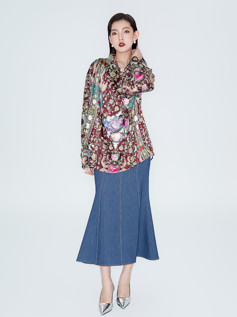 MUKZIN Linglong "Yanxi" Silhouette Swing Collar Satin Shirt