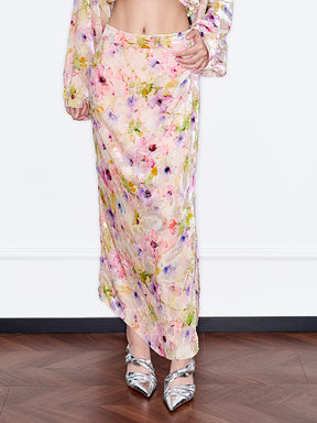MUKZIN“Capsule Collection”Floral Watercolor Style High-Waisted Midi Skirt