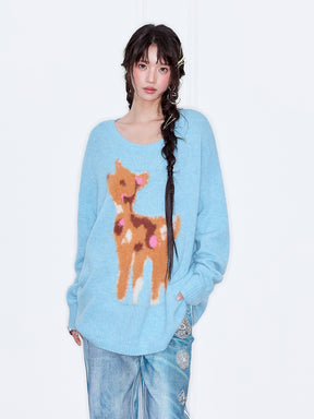MUKZIN“The Sequence of Deer's Call”Light Blue/Soft Pink Deer Pattern Oversized Fuzzy Knit Sweater