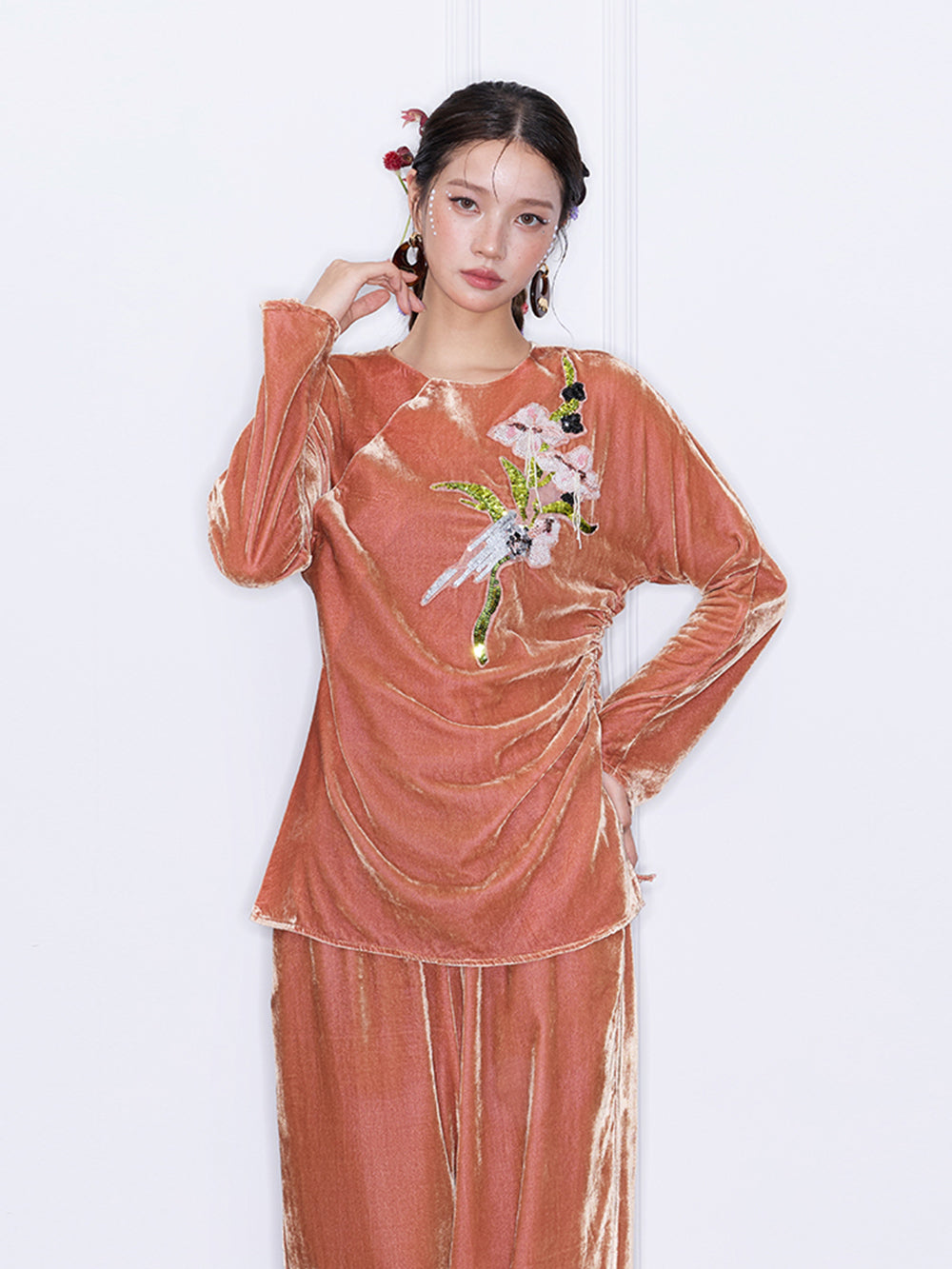 MUKZIN“Capsule Collection”Orange Velvet Long Sleeve Top | Oriental Floral Embroidered Sequin Embellished Blouse