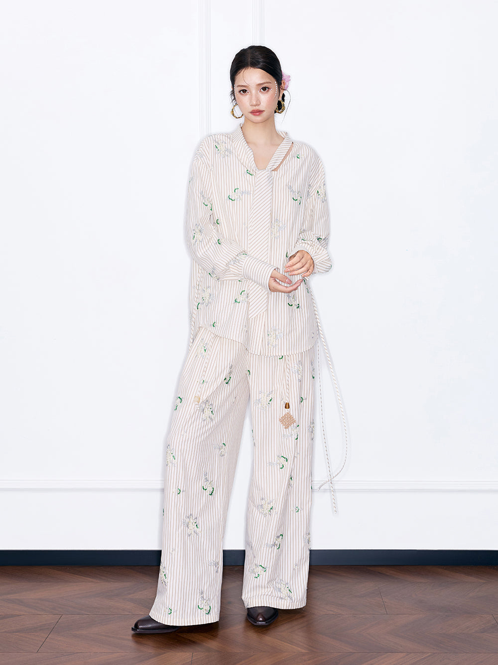 MUKZIN“Night Ballad of Chang'an”Striped Floral Embroidered Wide-Leg Pants | Oriental Tassel Tie-Waist Trousers