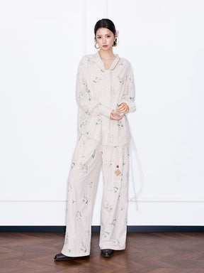 MUKZIN“Night Ballad of Chang'an”Striped Floral Embroidered Tie-Neck Blouse | Oriental-Inspired Long Sleeve Shirt