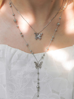 MUKTANK×SUN HUNTER “Emergence”Baby's - Breath Lace Butterfly Y - shaped Necklace