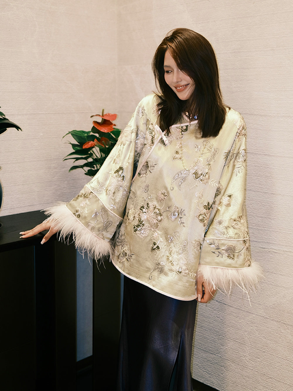 MUKZIN“Capsule Collection”Champagne Gold Jacquard Qipao-Collar Feather-Sleeve Chinese Style Loose Shirt