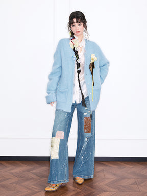 MUKZIN“Realm of Ethereal Mist”Light Blue Fuzzy Cardigan with Floral Decoration