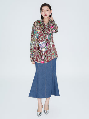 MUKZIN Linglong "Playing Fish" Vintage Fish-tail Denim Skirt