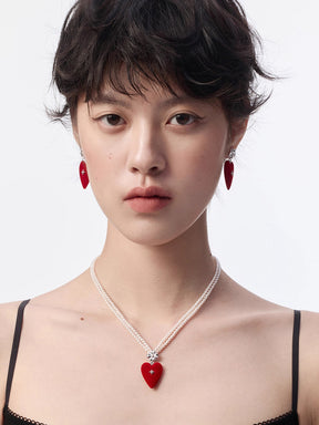 MUKTANK×SUN HUNTER Large-Sized Velvet Heart Faux Pearl Necklace