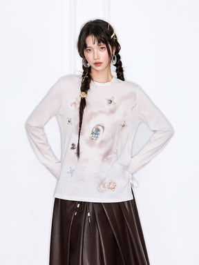 MUKZIN“The Sequence of Deer's Call”White Ink Painting Print Decor Oversized Long-Sleeve Top