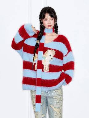 MUKZIN“The Sequence of Deer's Call”Red & Blue Striped Turtleneck Scarf Neck Pony Decor Sweet Cool Oversized Knit Sweater