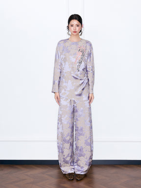 MUKZIN“Capsule Collection”Lavender Floral Jacquard Long Sleeve Top | Sequin Embroidered Oriental Blouse