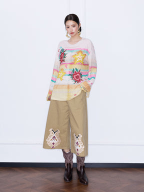 MUKZIN¡°Night Ballad of Chang'an¡±Y2K Star Heart Print Oversized Long Sleeve Tee, Vintage Bohemian Casual Knit Top for Women