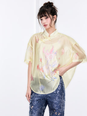 Mukzin "Ode To The New Summer"New Chinese-Style Shirt With Frog Buttons At The Collar And Printed Patterns