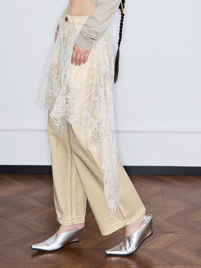 MUKZIN“Realm of Ethereal Mist”Lace Panel Distressed Jeans