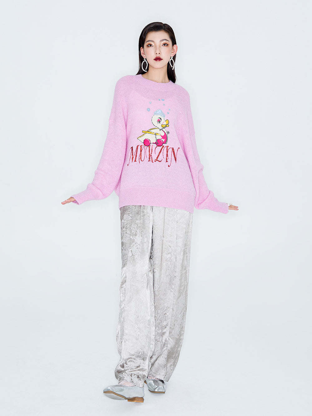 MUKZIN Linglong "Time Machine" Silhouette Crew Neck Cartoon Knit Blue Sweater