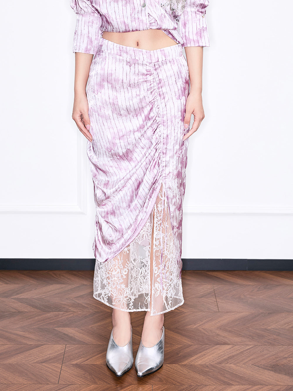 MUKZIN“Realm of Ethereal Mist”Pink - purple tie - dyed velvet spliced lace split midi skirt