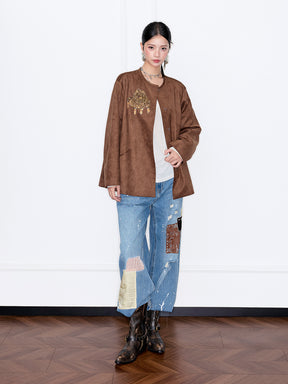 MUKZIN“Capsule Collection”Brown Suede-like Round Neck Jacket with Embroidered Accents - Loose Fit
