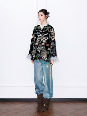 MUKZIN“Capsule Collection”"New Chinese Style Heavy Embroidery Velvet Padded Jacket with Feather Cuffs