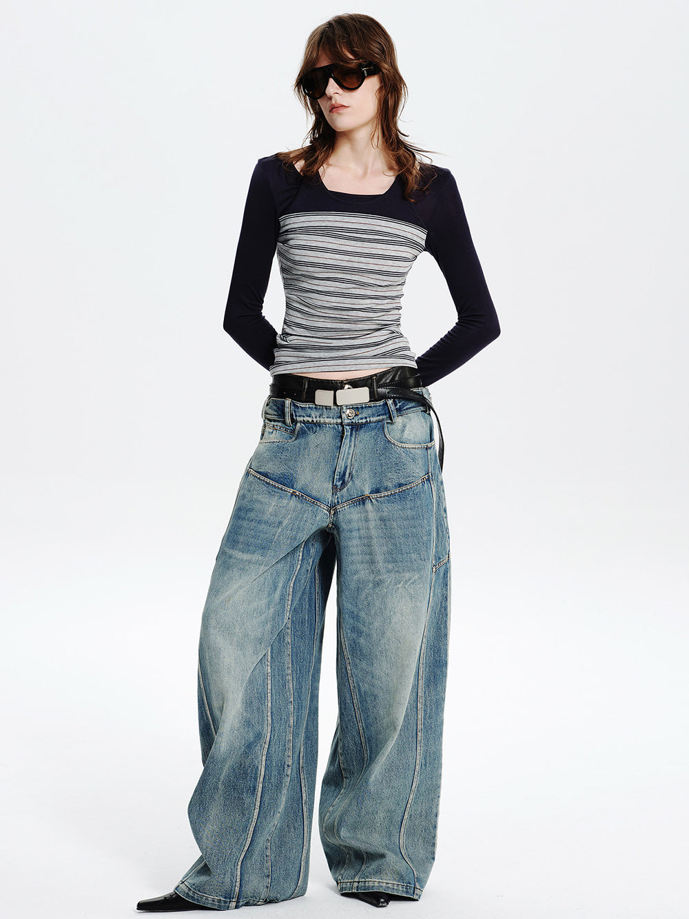 MUKTANK×MODULER Leather-Paneled Heavy-Duty Oversized Jeans