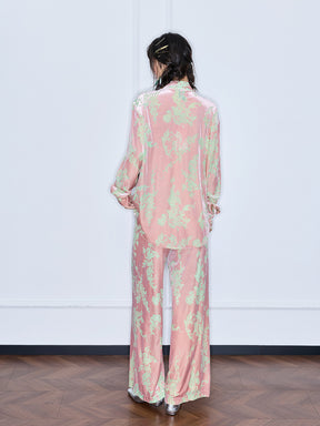 MUKZIN“Capsule Collection”Pink Velvet Chinese-Style Printed Wide-Leg Pants