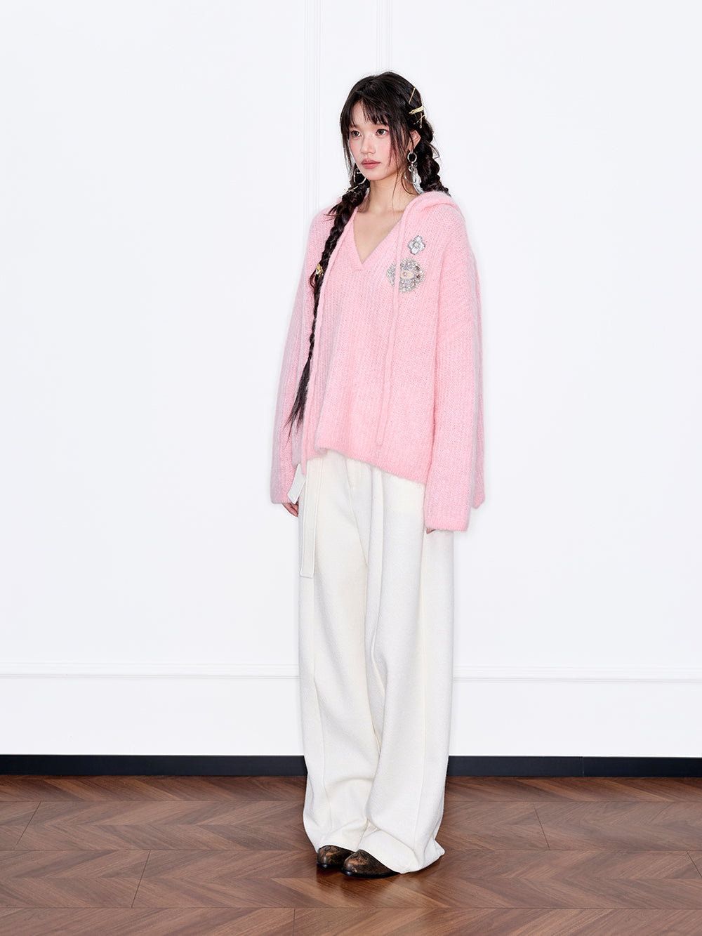 MUKZIN“Capsule Collection”Pink Mohair Loose V-Neck Sweater