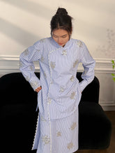 MUKZIN“Capsule Collection”Blue Striped Floral Embroidered Mandarin Collar Shirt | Oriental Sequin Embellished Long Sleeve Blouse